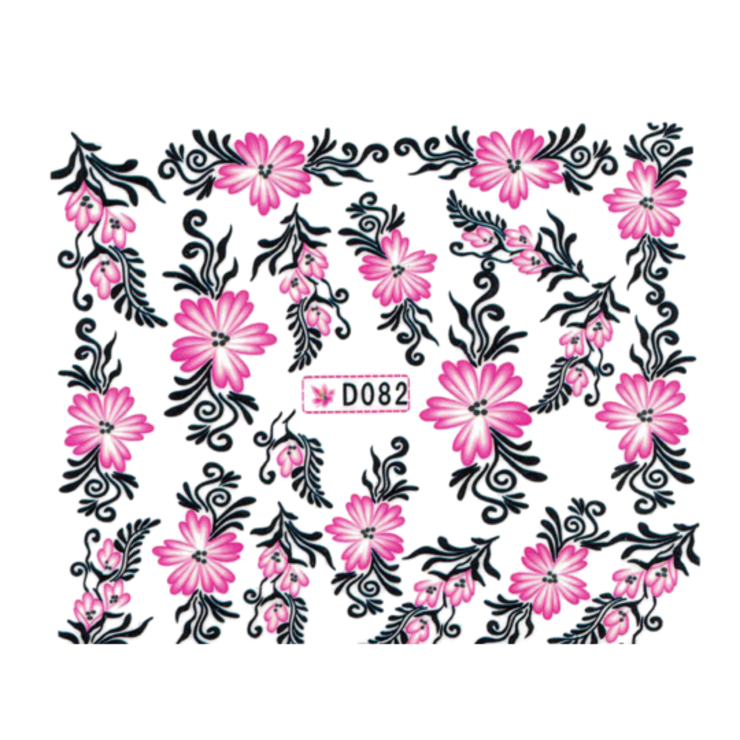 A sheet of nail art decal pattern featuring pink daisy-like flowers and black swirling vine motifs on a white background, with a small label reading D082.