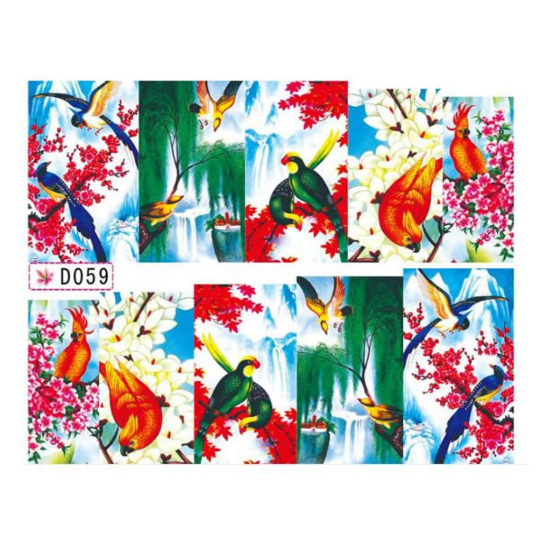 A sheet of decorative nail art decals featuring a colorful tropical bird and floral pattern. The sheet contains eight rectangular panels with vibrant illustrations of parrots, toucans, and birds perched on branches with red blossoms, green foliage, and white flowers against blue sky and waterfall backgrounds.