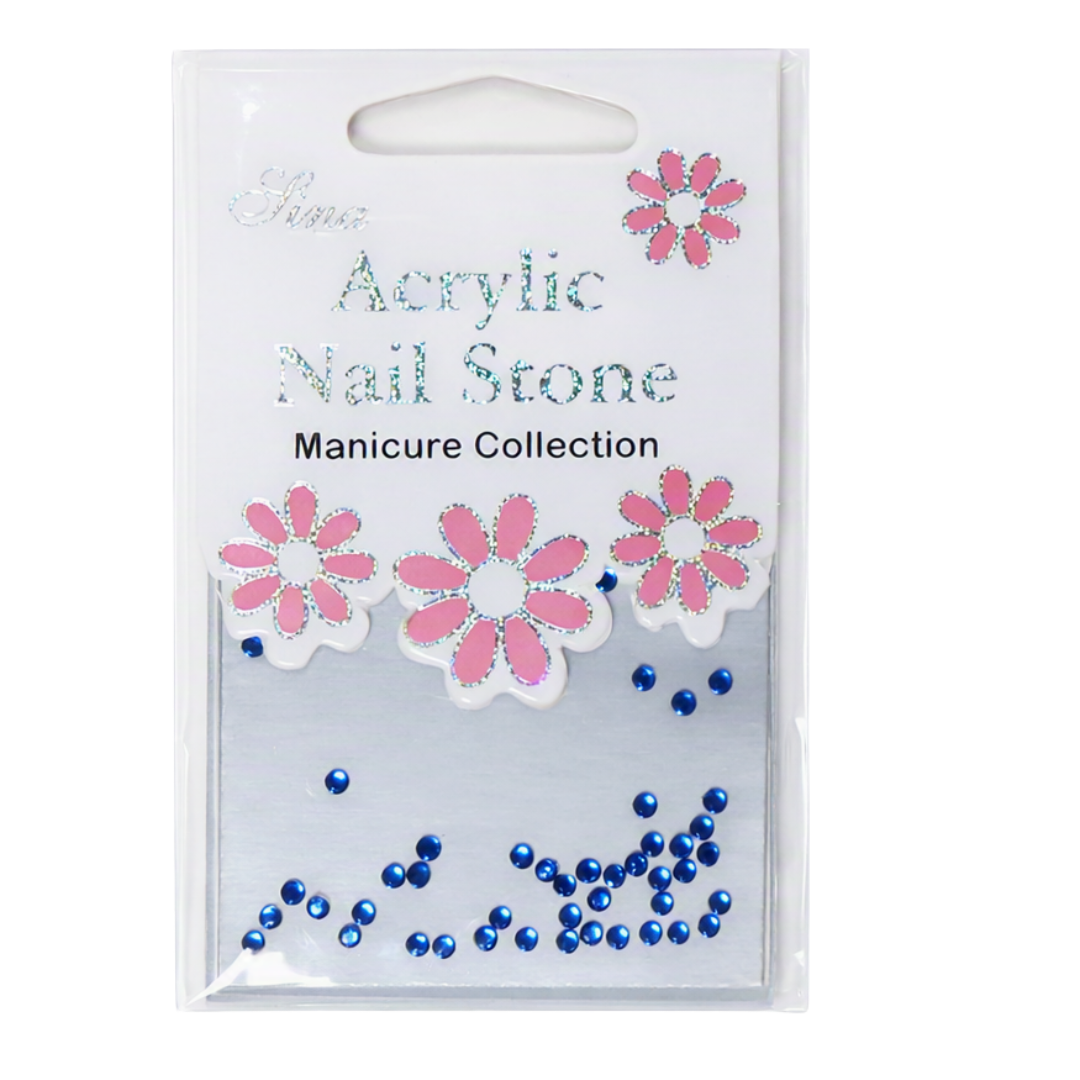 A package of acrylic Nail Stones featuring scattered blue rhinestones on a white backing card.
