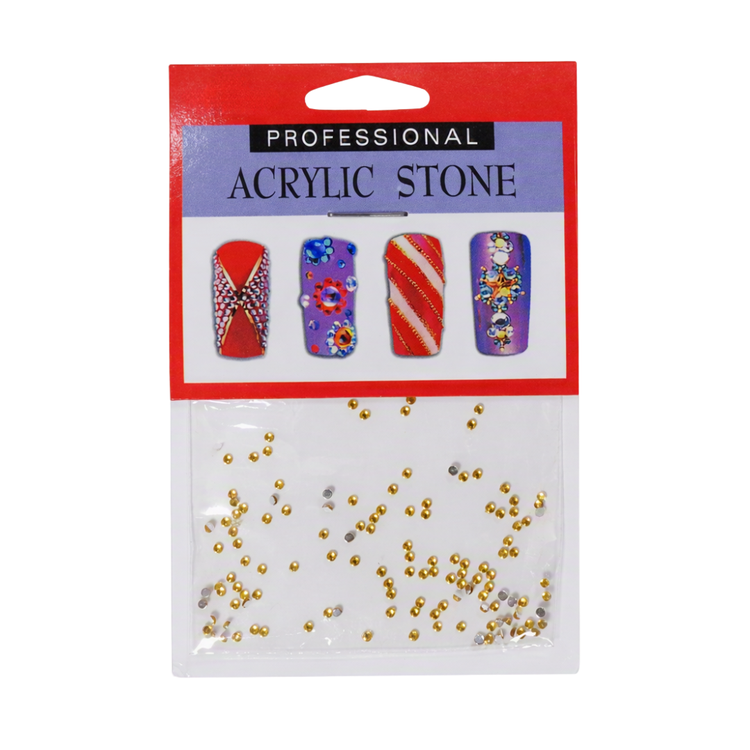 Pack of professional acrylic stone rhinestones in a clear plastic bag with a red and purple header card showing nail design examples.