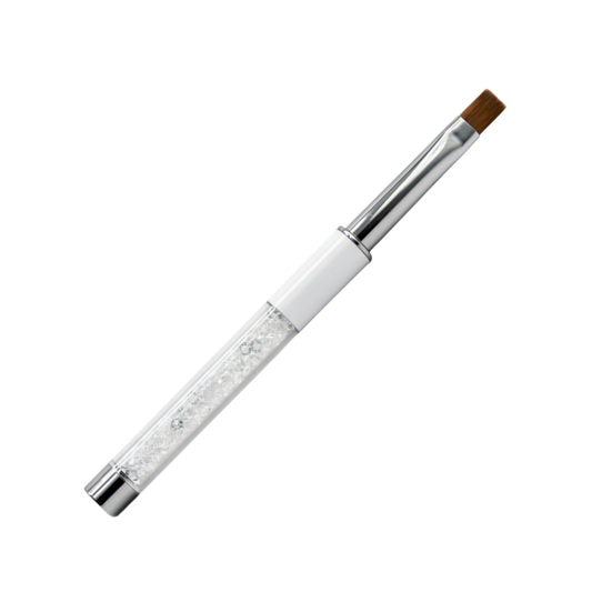A slim flat tip gel nail brush with a white handle, clear rhinestone-embellished center, silver metal ferrule, and a brown bristle tip, shown on a plain white background.