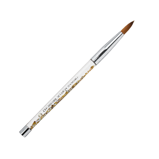 A fine pointed, thick belly acrylic nail brush with a white barrel, gold floral pattern, and silver ferrule, shown diagonally on a plain white background.