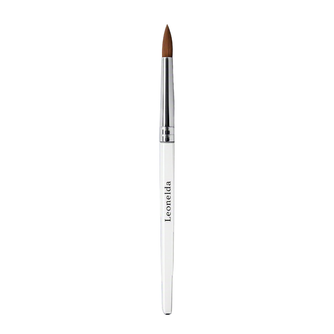 An acrylic nail brush with red brown bristles, silver ferrule and clear handles with Leonelda printer on handle
