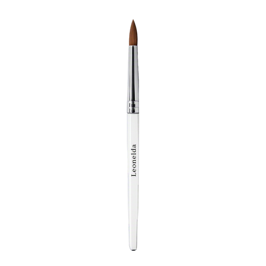An acrylic nail brush with red brown bristles, silver ferrule and clear handles with Leonelda printer on handle