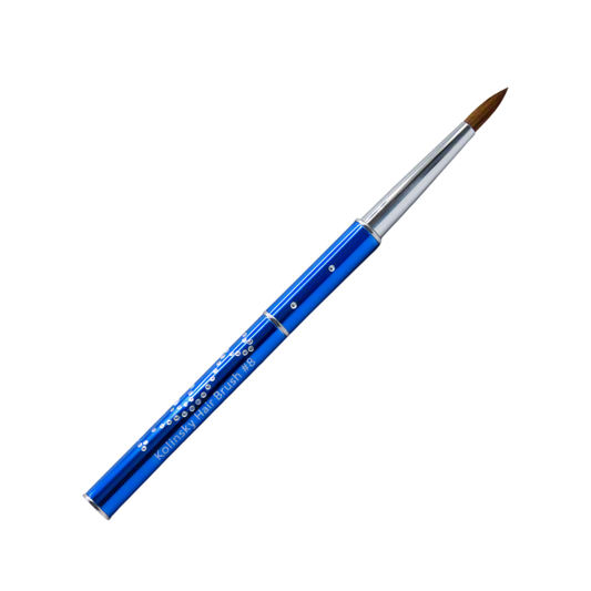 A fine tip, medium bell acrylic application Kolinsky nail brush with a metallic blue handle, silver ferrule, and brown bristles, shown diagonally on a plain white background.