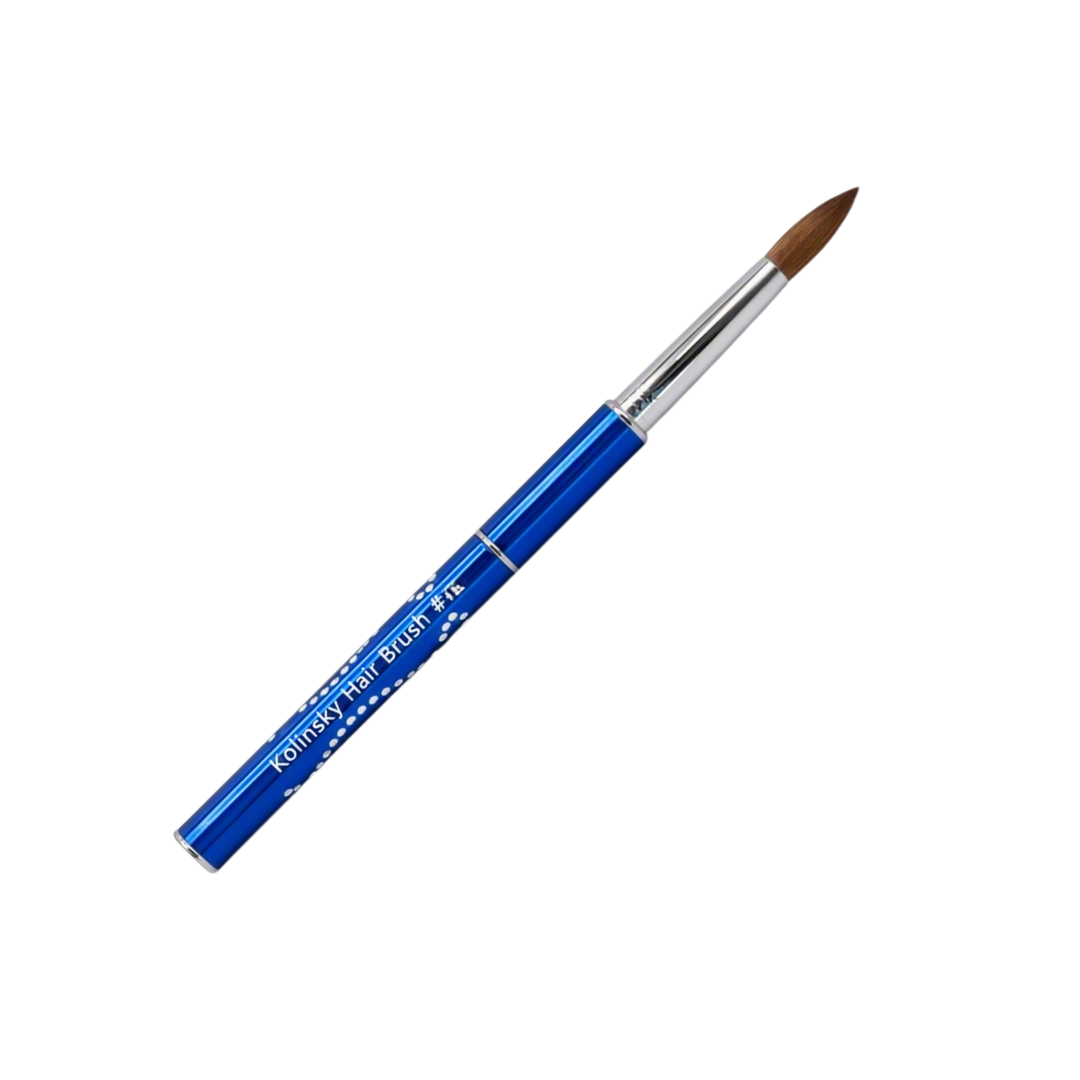 A blue kolinsky acrylic nail brush with a silver ferrule and brown bristles, shown diagonally on a plain white background. The barrel features white text that reads 'Korean Hair Brush 