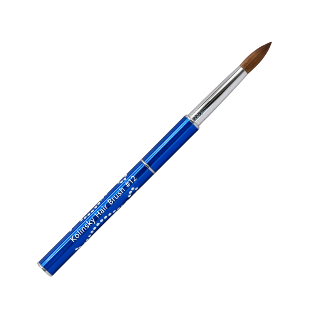 A blue and silver kolinsky acrylic nail brush No.12 with a brown bristle tip, shown diagonally on a plain white background.