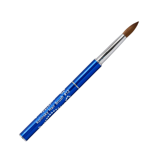A blue and silver kolinsky acrylic nail brush No.12 with a brown bristle tip, shown diagonally on a plain white background.