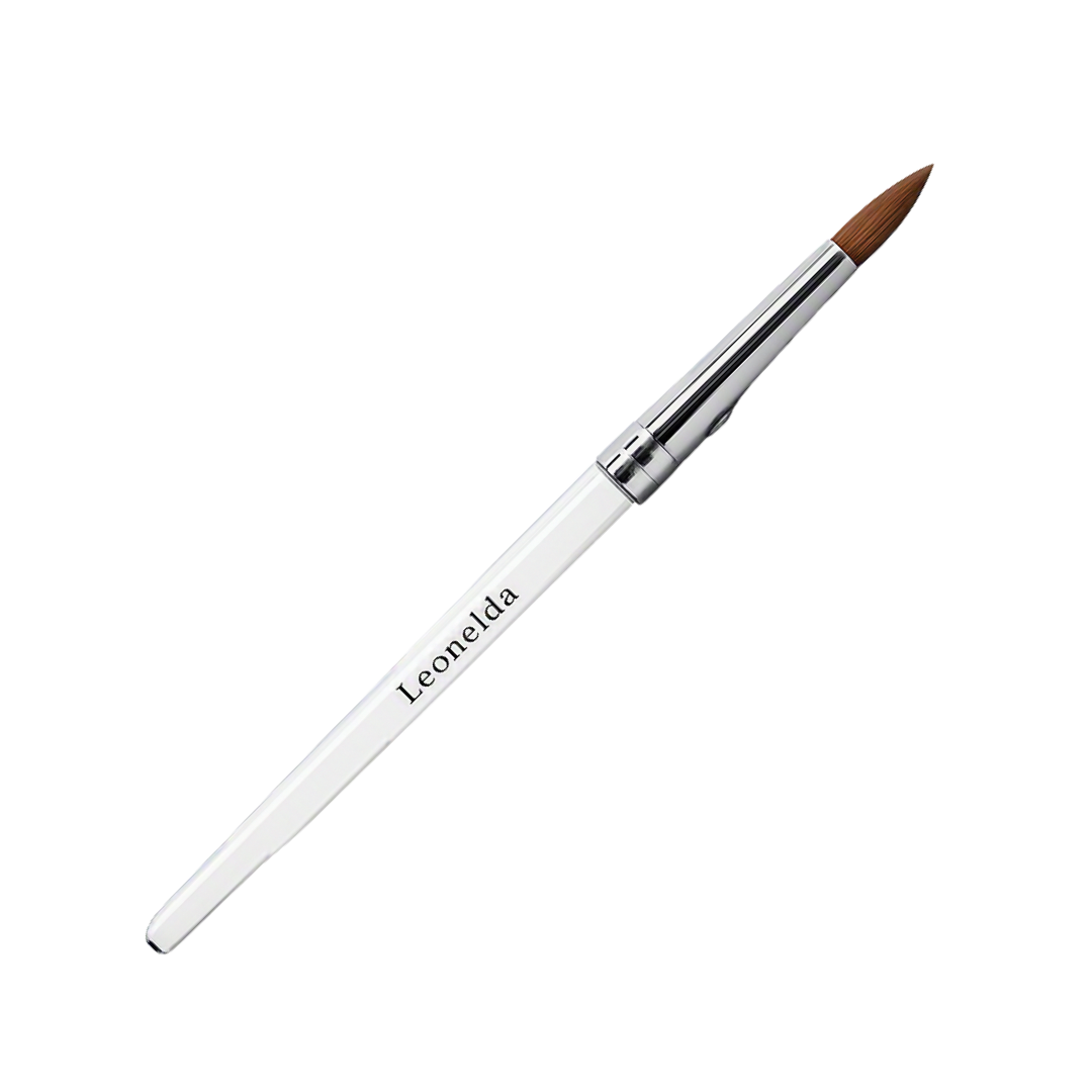 A single acrylic nail brush with a white handle, silver ferrule, and brown bristles, featuring the brand name 'Leonelda' printed on the handle, set against a plain white background.