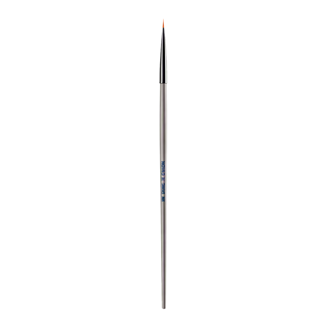 A very fine tipped nail art brush, with orange bristles and long white handle