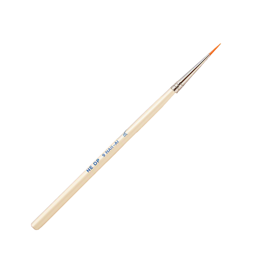 A fine detail nail art brush with a light beige wooden handle, silver ferrule, and a fine orange bristle tip, shown on a plain white background.