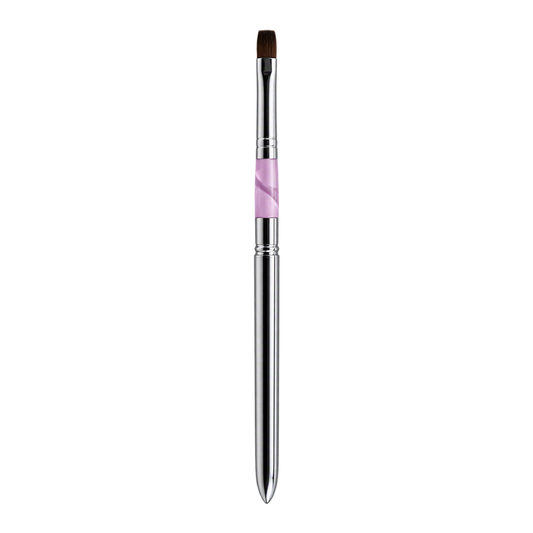 A slim nail gel application brush with a silver metal handle, a light pink textured band in the middle, and a dark brown synthetic tip, shown vertically on a plain white background.