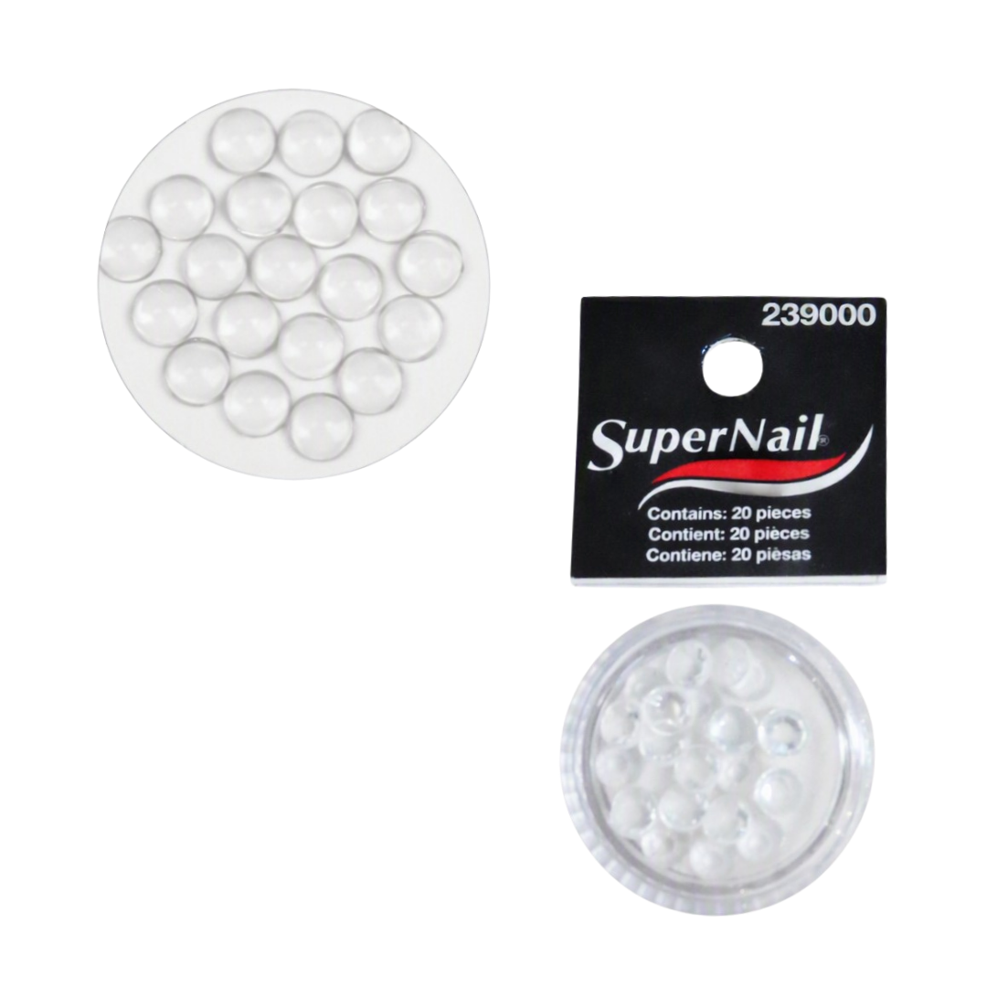 SuperNail clear acrylic nail gems shown in twoviews: a top-down view of a round tray containing 20 clear dome-shaped gems, a black retail card labeled SuperNail with the number 239000, and a bottom view of a clear round container holding several clear gems.