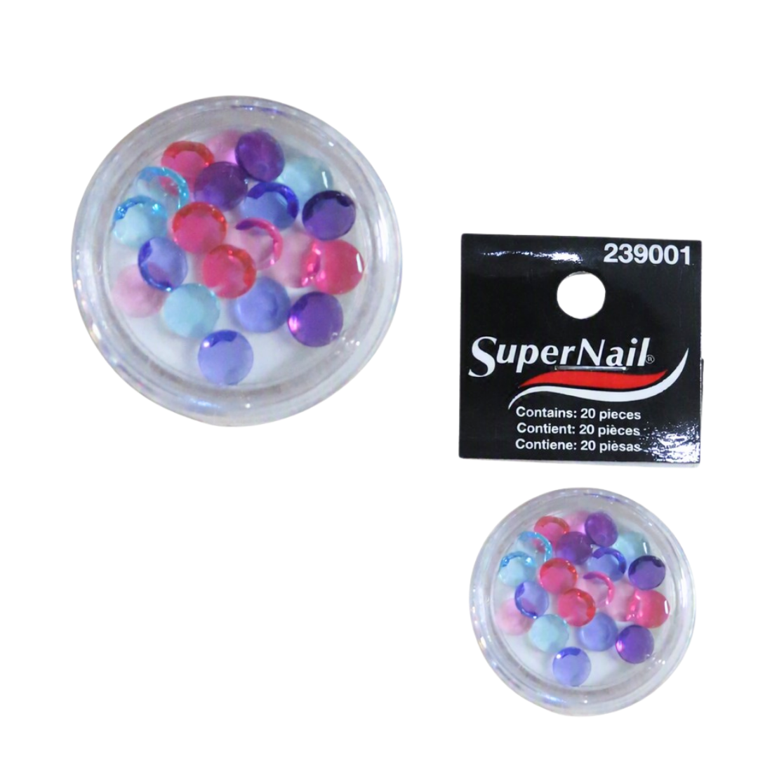 Two clear round plastic containers filled with small iridescent rhinestones in pink, blue, purple, and white, alongside a black SuperNail product card labeled 239001.