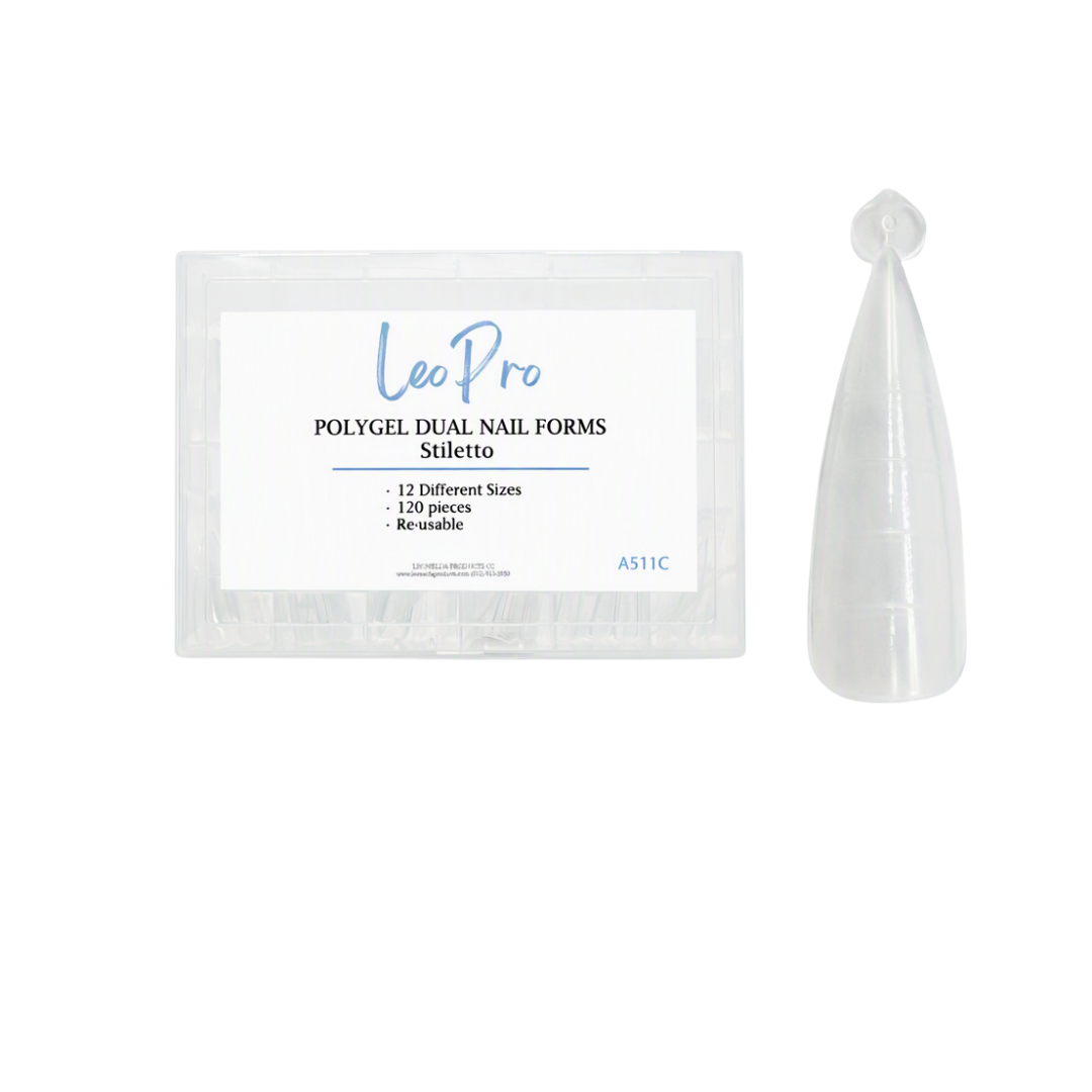 A pack of Leo Pro Polygel Dual Nail Forms Silletto, showing the clear plastic packaging with a white label next to a single clear silicone nail form tip.