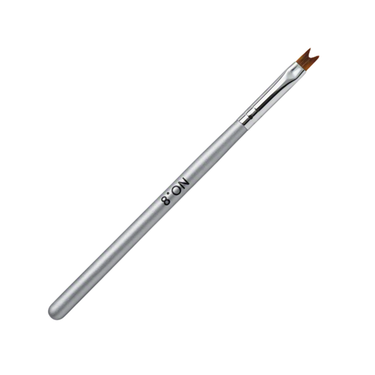 A silver nail french smile line brush with a tapered handle, black printed text reading No 8, and a brown bristle tip, shown diagonally on a plain white background.