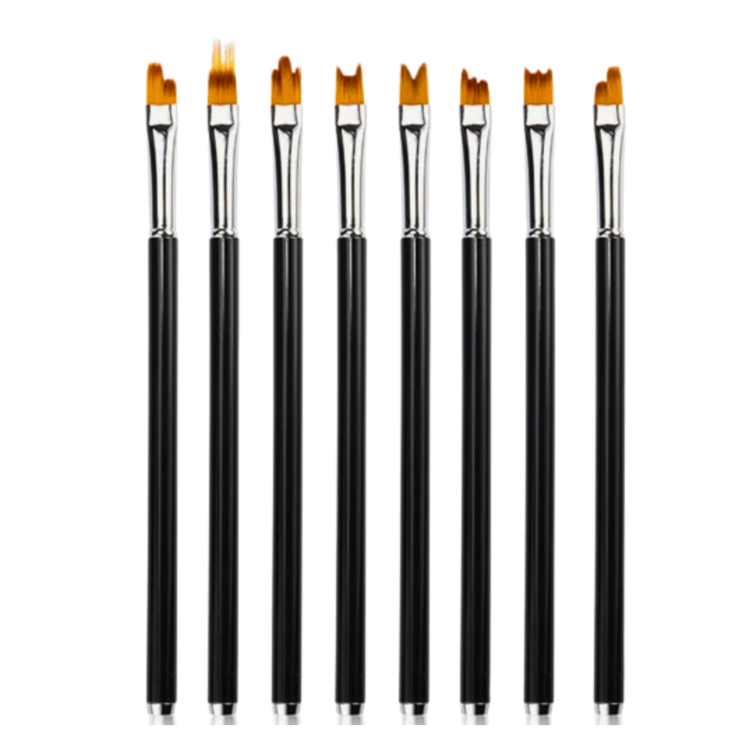 Eight black-handled nail art brushes with silver ferrules and orange bristles, arranged upright in a row on a plain white background.
