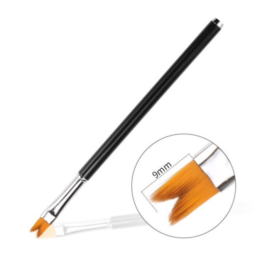 A black-handled makeup brush with angled orange bristles and a circular inset showing a close-up of the bristle tip labeled 9mm, on a white background.
