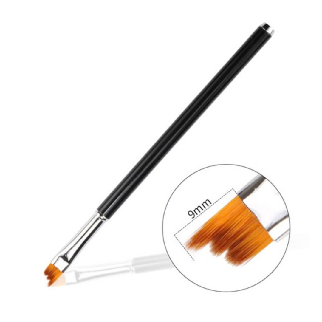 A black-handled nail art brush with orange bristles and a silver ferrule, shown on a white background with a circular inset close-up of the bristle tip labeled 9mm.
