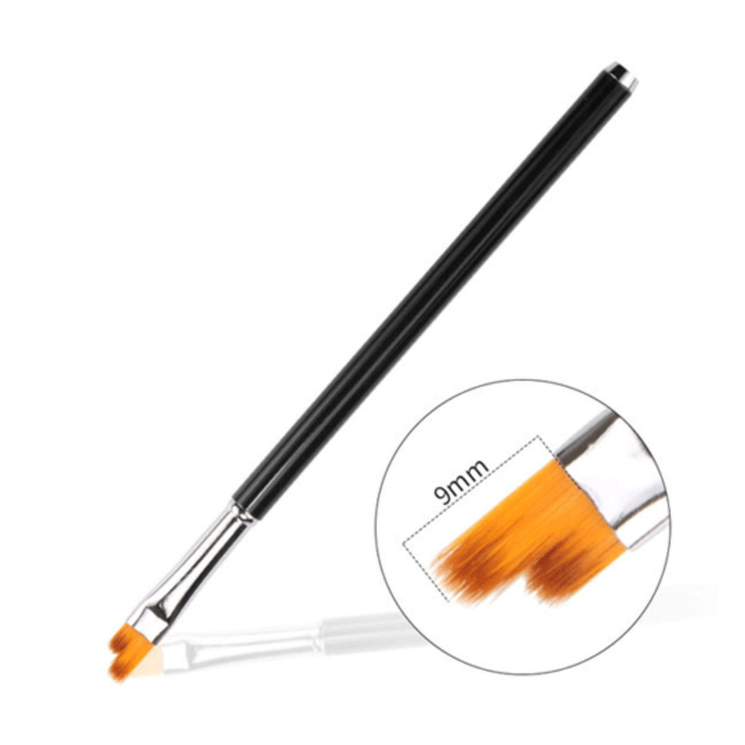 A black-handled nail art brush with orange bristles and a silver ferrule, shown on a white background with a circular inset close-up highlighting the 9mm bristle tip.