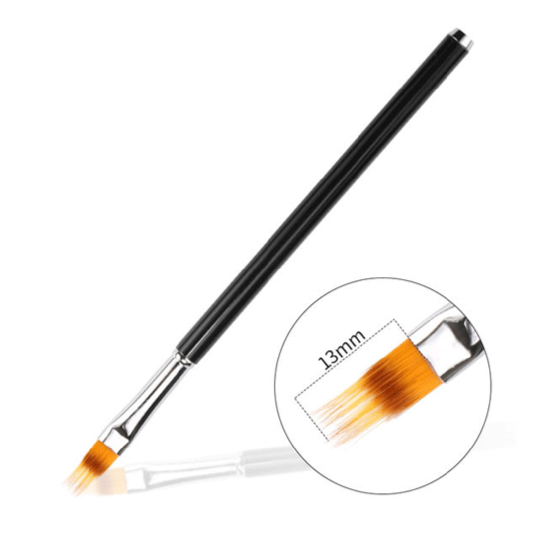 A black-handled flat brush with orange bristles and a silver ferrule, shown on a white background with a circular inset highlighting the 13mm bristle width.