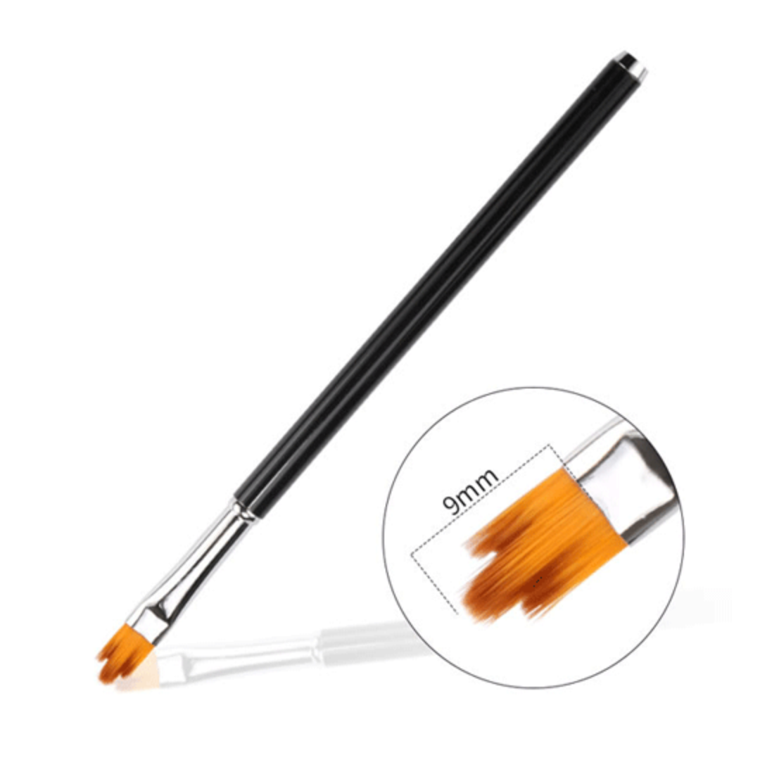 A slim black nail art brush with orange bristles and a silver ferrule, shown on a white background with a circular inset highlighting the 9mm brush tip.