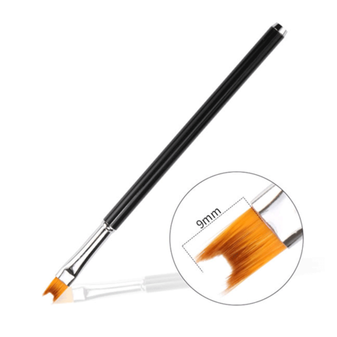 A black-handled nail art brush with orange bristles and a silver ferrule, shown on a white background with a circular inset highlighting the 9mm brush tip.