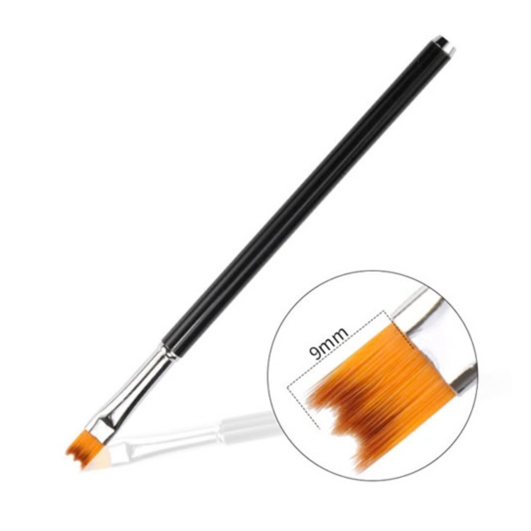 A black-handled nail art brush with orange bristles and a silver ferrule, shown on a white background with a circular inset highlighting the 9mm bristle width.