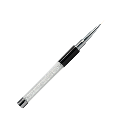 A slim nail art brush with a clear rhinestone-filled barrel, a black grip section, and a metallic silver tip, shown on a plain white background.