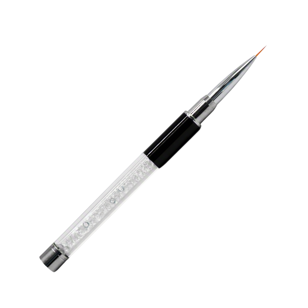 A slim nail art brush with a clear rhinestone-filled barrel, a glossy black grip, and a sharp silver metal tip with a tiny orange accent.