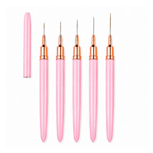 Six pink nail art brushes with rose gold metal ferrules and fine silver needles, shown on a plain white background with a separate pink cap standing to the left.