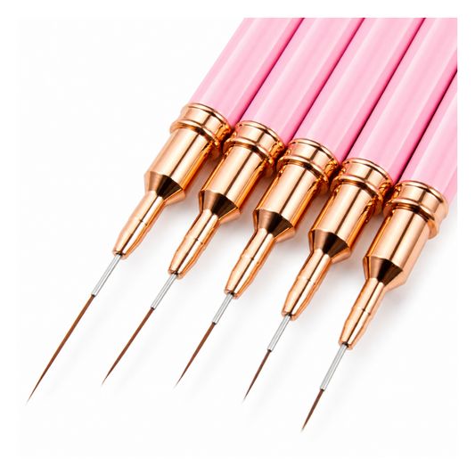 Five pink nail art brushes with metallic rose-gold tips and fine silver needles, arranged diagonally on a white background.