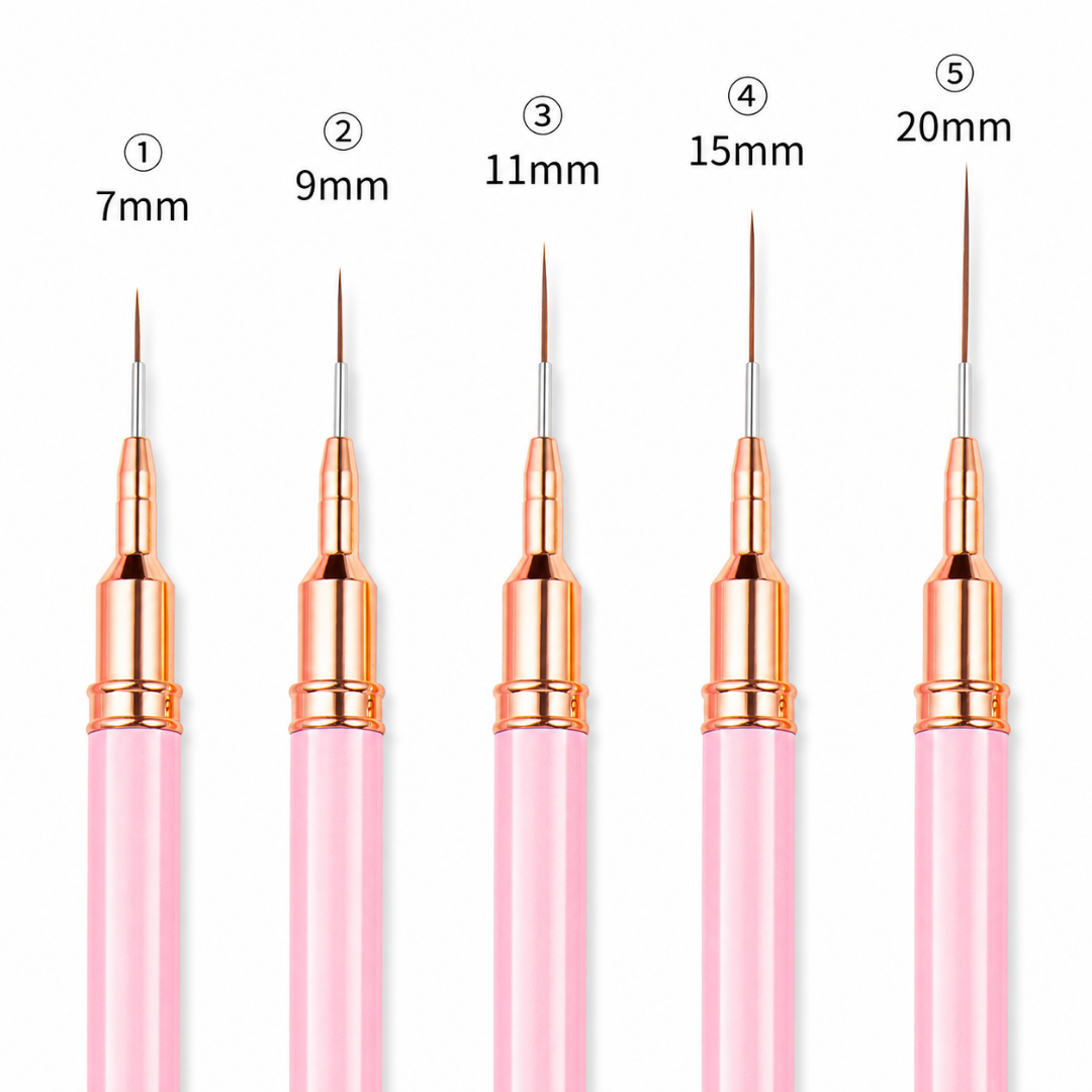 Five fine-needle nail art brushes in pink and rose-gold metal are shown vertically on a white background, labeled 1 through 5 with tip sizes 7mm, 9mm, 11mm, 15mm, and 20mm.