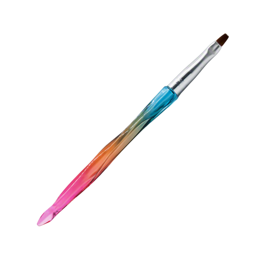 A single flat-tip nail art brush with a translucent handle featuring a smooth gradient from bright pink at one end to turquoise blue and green in the middle, with a silver ferrule and dark brown bristles, isolated on a white background.