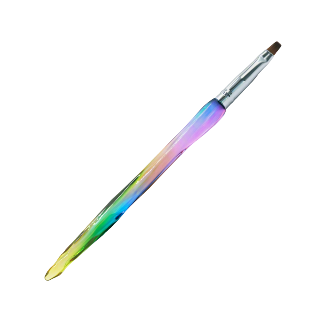 A single fine detail nail art brush with a translucent handle showing a rainbow iridescent color gradient, a silver ferrule, and brown bristles, isolated on a white background.