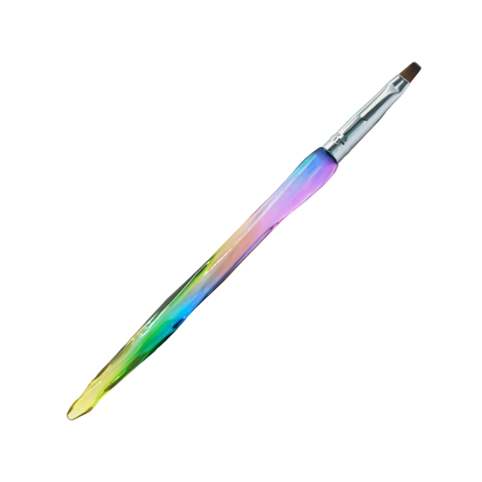 A single fine detail nail art brush with a translucent handle showing a rainbow iridescent color gradient, a silver ferrule, and brown bristles, isolated on a white background.