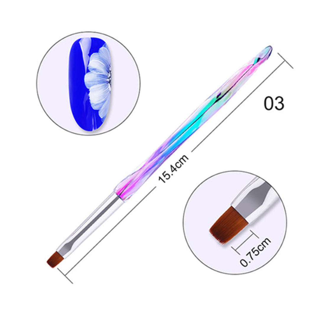 A set of nail art brushes with different sizes, displaying the bristles and the overall length of each brush.