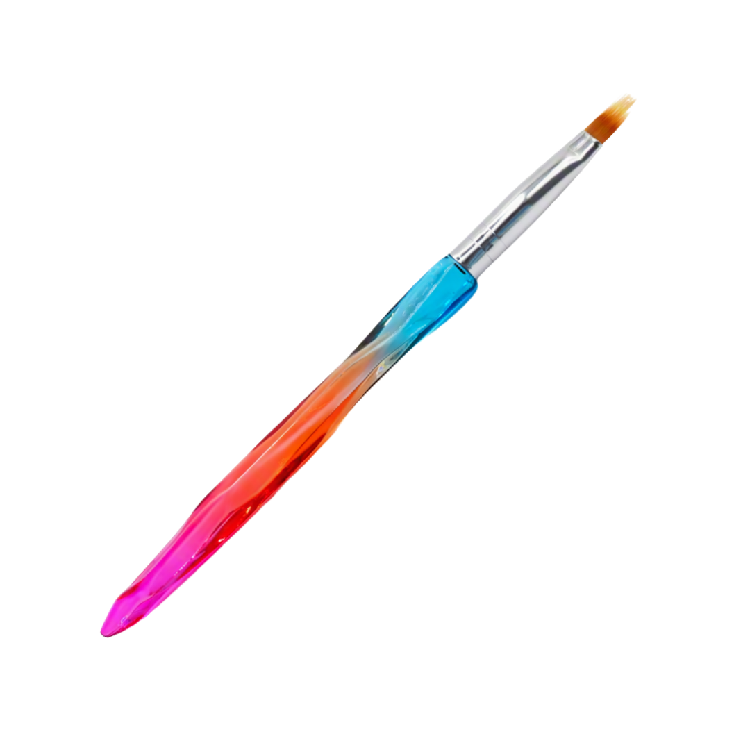 A fine detail nail art brush with a vibrant gradient handle transitioning from bright pink to orange and blue, with a silver ferrule and orange-tipped bristles, shown on a plain white background.