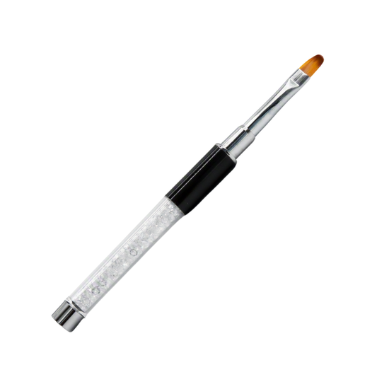 A slim gel nail brush with a clear rhinestone-embellished handle, a black grip section, and a silver ferrule with a warm orange-brown bristle tip, shown on a plain white background.