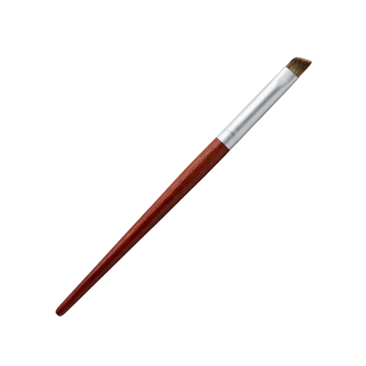 A single angled tip ombre gradient nail brush with a reddish-brown wooden handle, a silver metal ferrule, and light brown and grey bristles, shown diagonally on a plain white background.