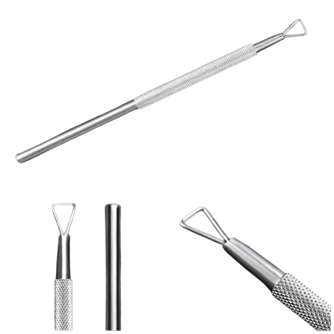 Metallic gel remover spatula tool with a long-textured handle, two interchangeable loop tips, and a close-up detail view on a plain white background.