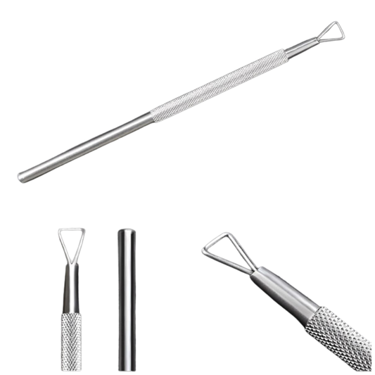Metallic gel remover spatula tool with a long-textured handle, two interchangeable loop tips, and a close-up detail view on a plain white background.