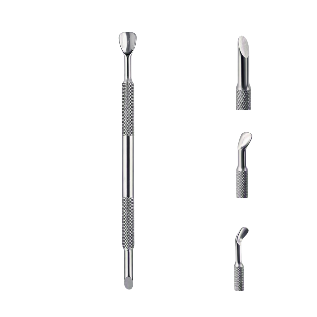 Three silver metal nail art tools with textured knurled grips, shown on a plain white background. One tool is displayed vertically on the left, and two smaller tools are displayed vertically on the right in different tip angles.