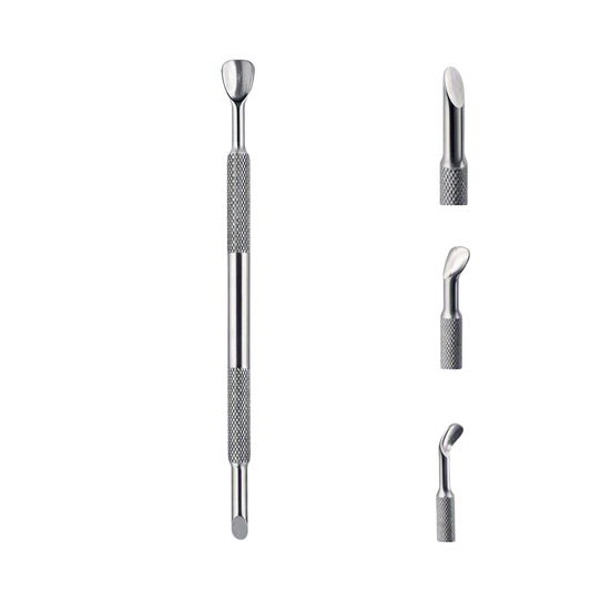 Three silver metal nail art tools with textured knurled grips, shown on a plain white background. One tool is displayed vertically on the left, and two smaller tools are displayed vertically on the right in different tip angles.