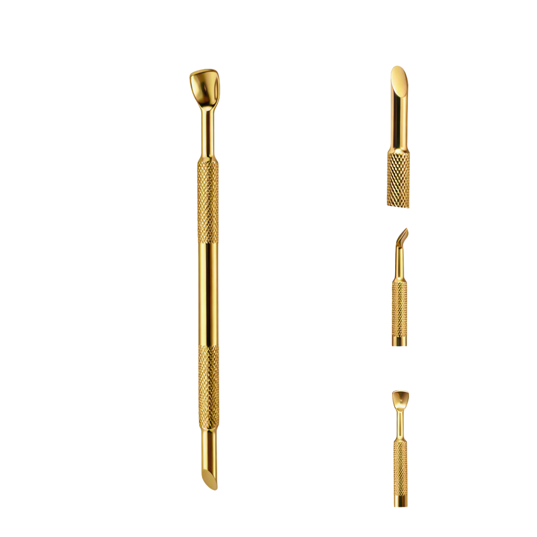 Gold-colored metal nail art tools shown on a plain white background, including a main dual-ended tool and three smaller views of additional tips.