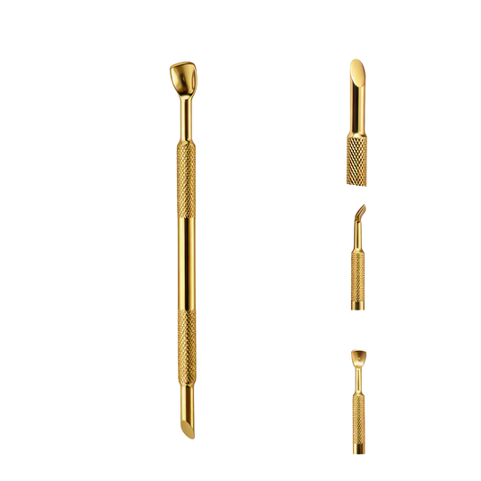 Gold-colored metal nail art tools shown on a plain white background, including a main dual-ended tool and three smaller views of additional tips.