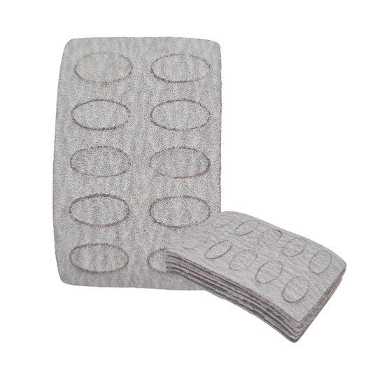 A gray textured 150grit pad sheet with ten oval cutouts, shown with one grit sheet standing upright and a folded stack of matching grit sheets in front, on a plain white background.