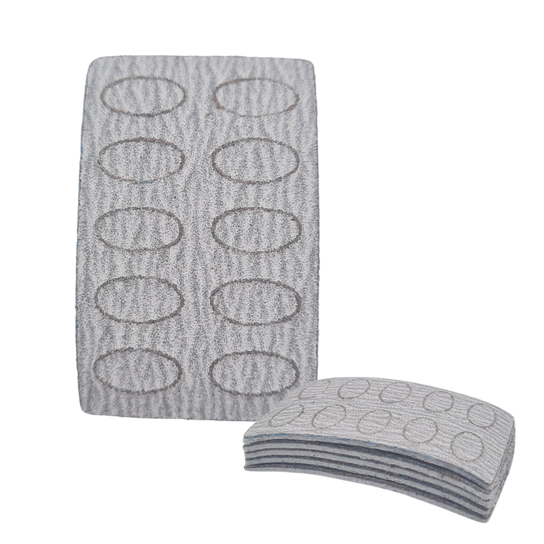 A gray textured 240grit pad sheet with ten oval cutouts, shown with one grit sheet standing upright and a folded stack of matching grit sheets in front, on a plain white background.