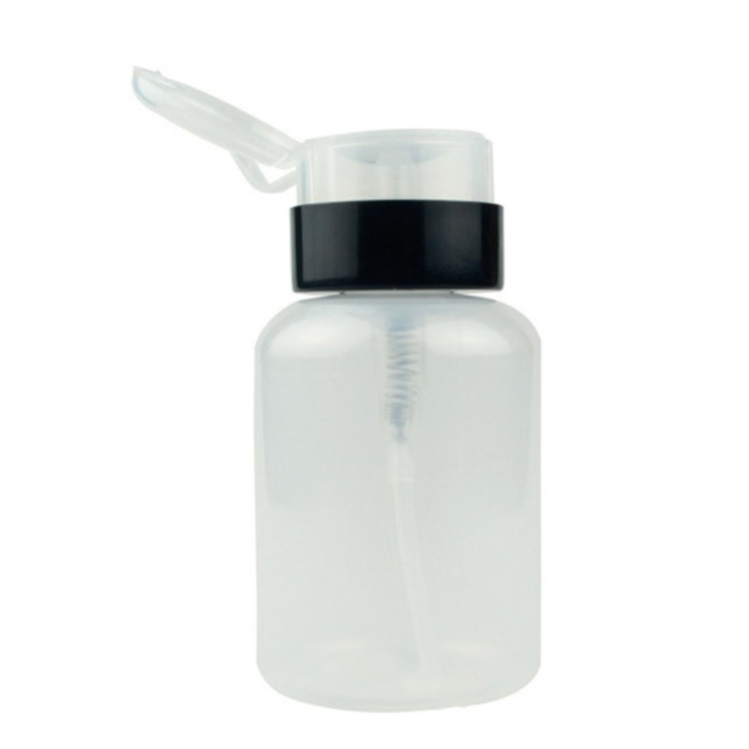 A clear plastic pump bottle with a black collar and a translucent flip-up spout cap, shown against a plain white background.