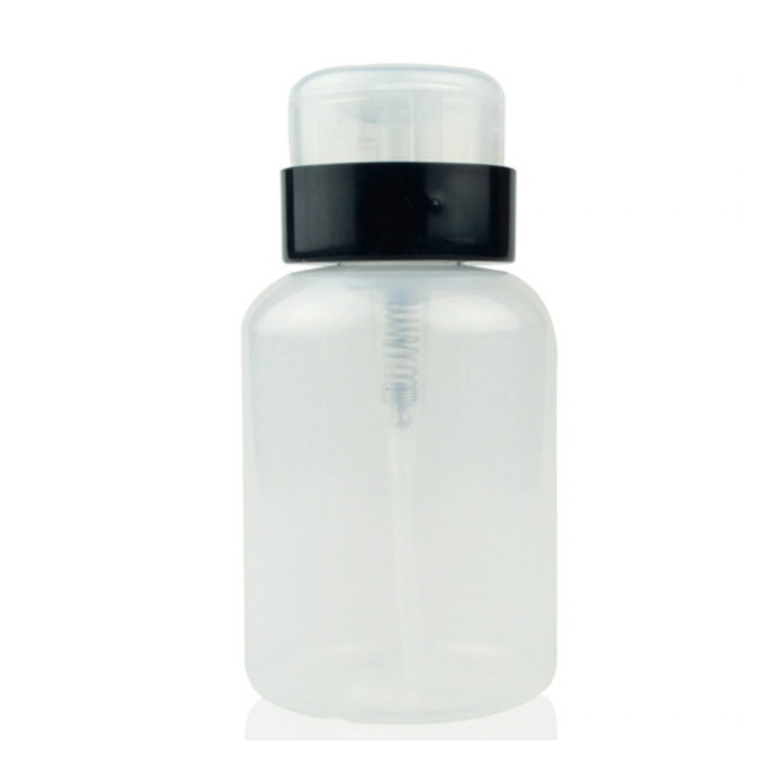 A small translucent plastic pump bottle with a black collar and clear cap, shown on a plain white background.